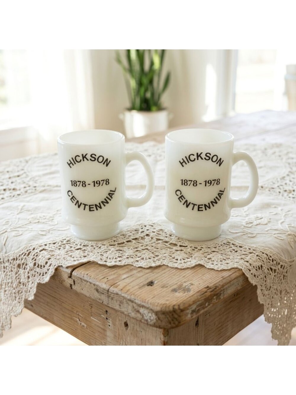 Pair Milk Glass Hickson Centennial Coffee Mugs Anniversary Canada Vintage